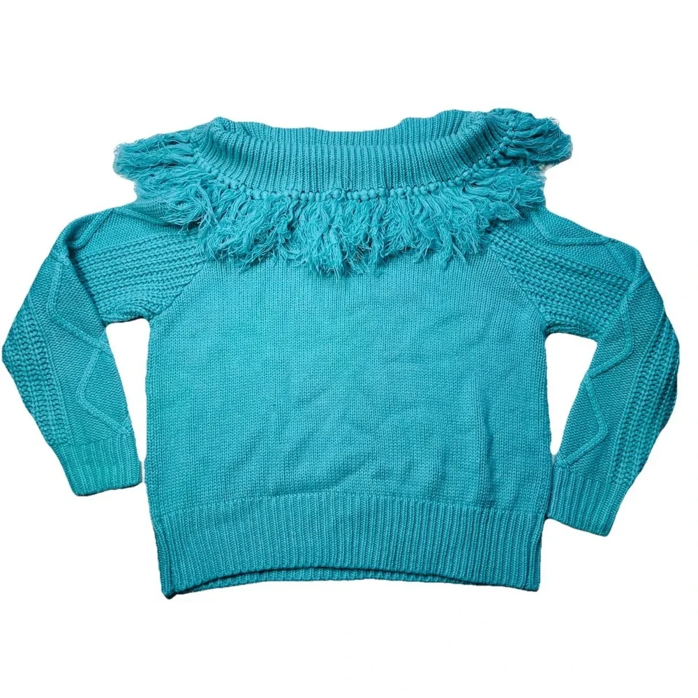 Rock &‎ Roll Cowgirl Women's XL Fringe Cowl Neck Chunky Knit Sweater Turquoise